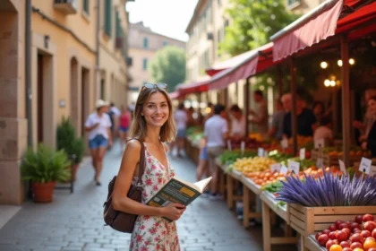 Jeune femme souriante à Aix en Provence avec guide de voyage
