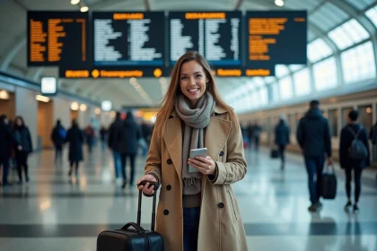 Femme souriante devant un tableau de départs de train en station