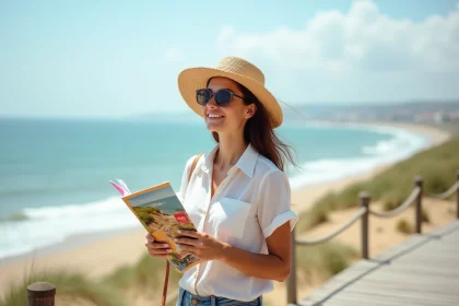 Femme souriante en vacances à la plage avec brochure