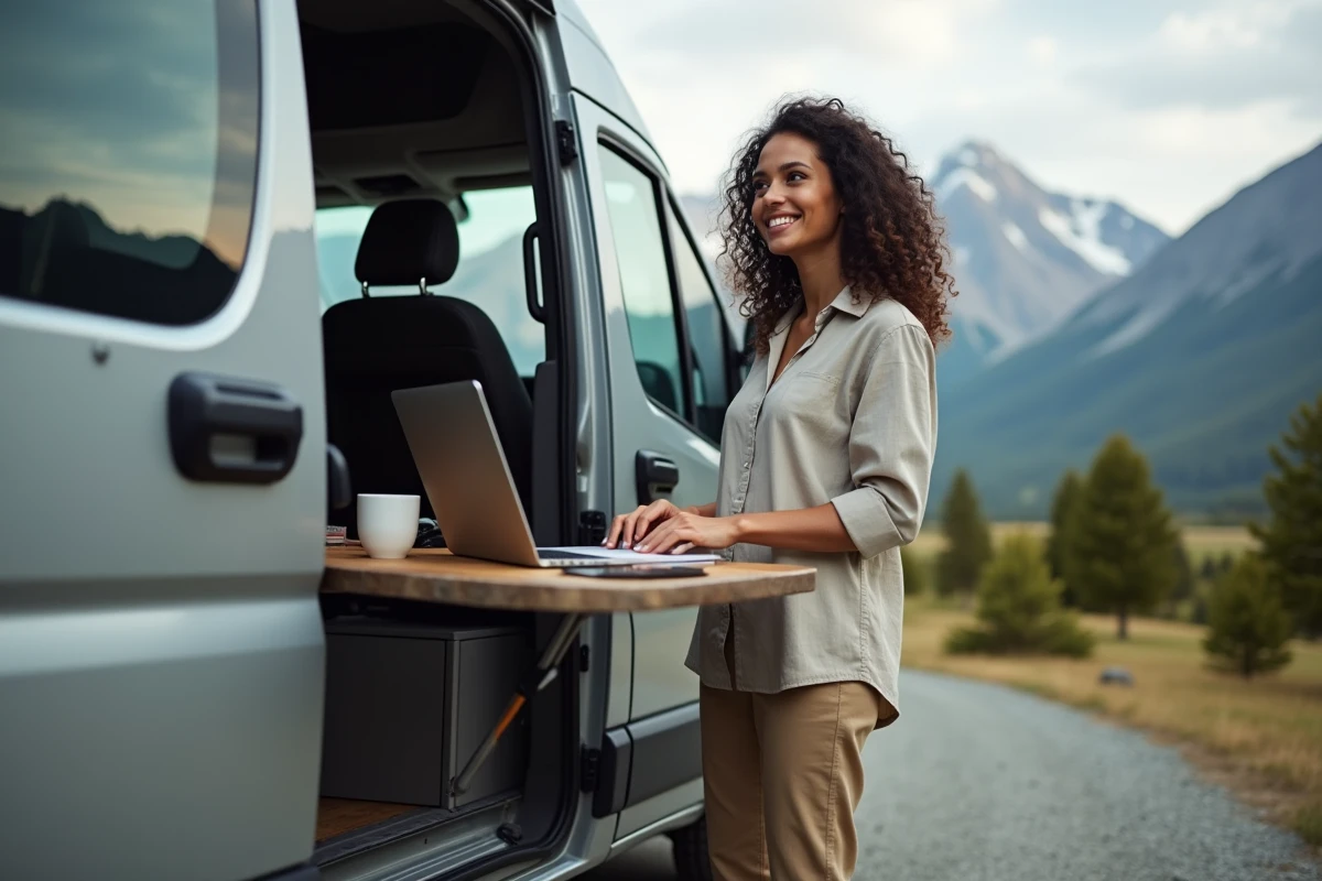 Femme organisant son espace de travail extérieur près du van