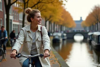 Femme à vélo le long d'un canal d'Amsterdam avec maisons typiques et pont voûté en automne