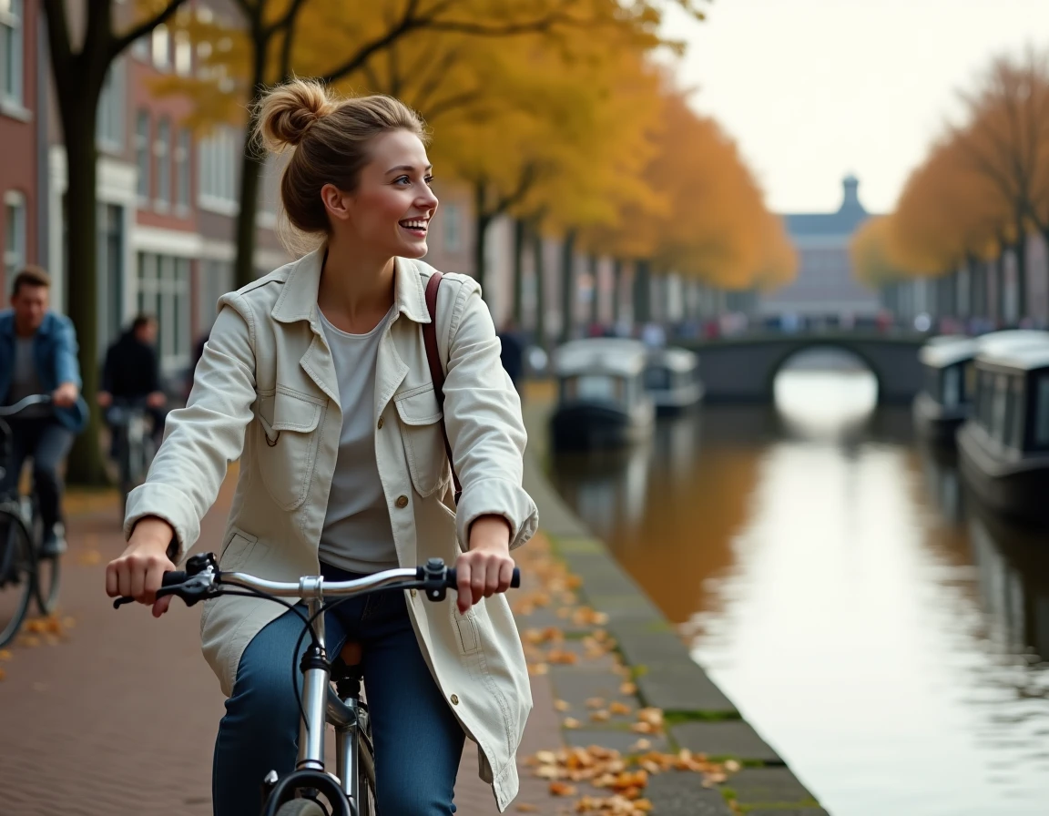 Femme à vélo le long d'un canal d'Amsterdam avec maisons typiques et pont voûté en automne