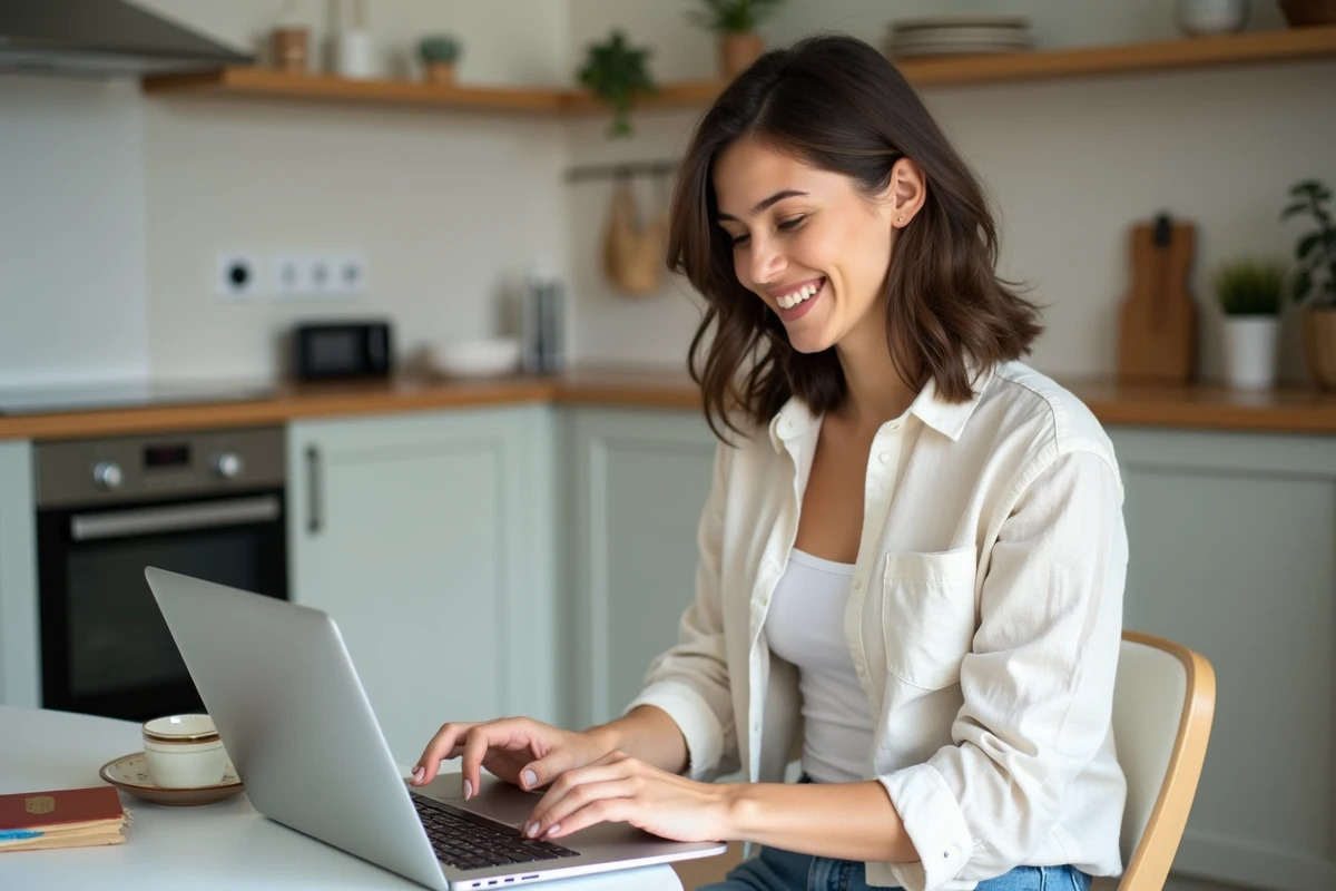 Femme souriante avec passeport et ordinateur dans une cuisine lumineuse