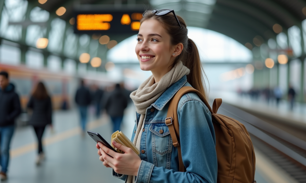 Jeune femme voyageant à la gare avec smartphone et papiers