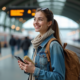 Jeune femme voyageant à la gare avec smartphone et papiers