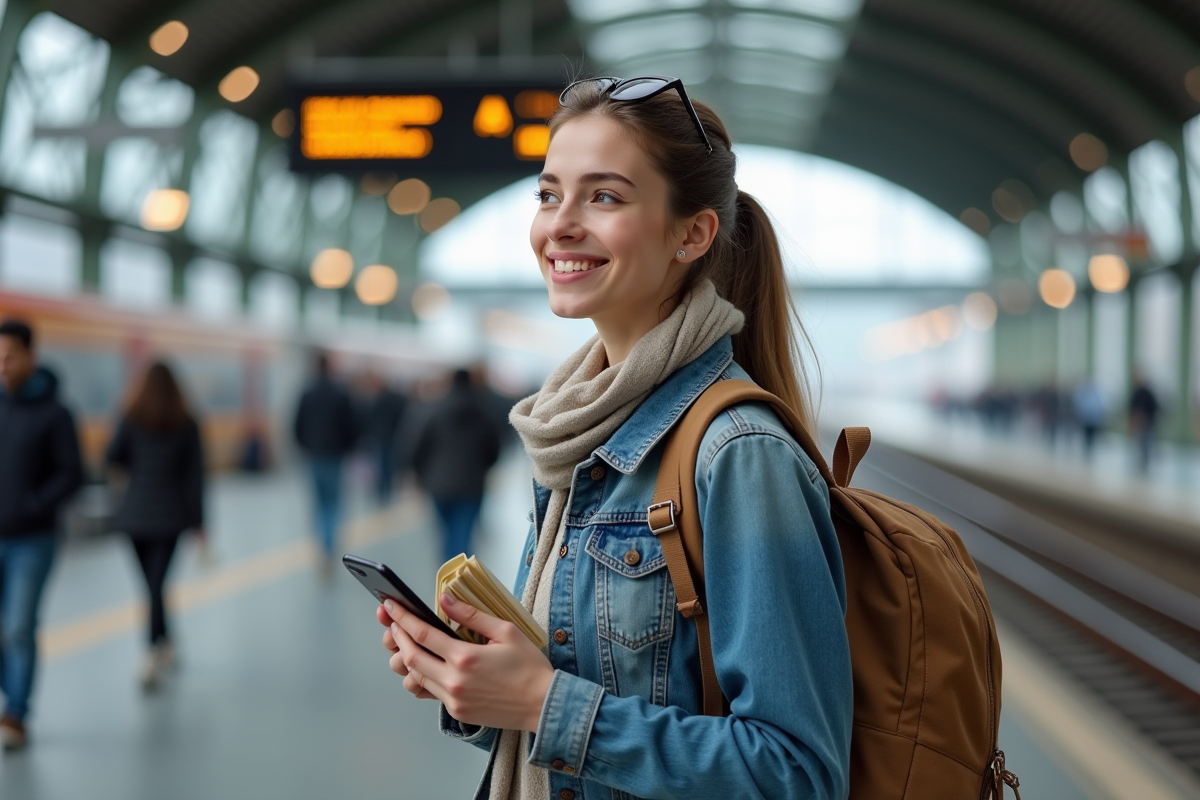Jeune femme voyageant à la gare avec smartphone et papiers