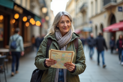 Femme voyageant en ville avec carte à la main