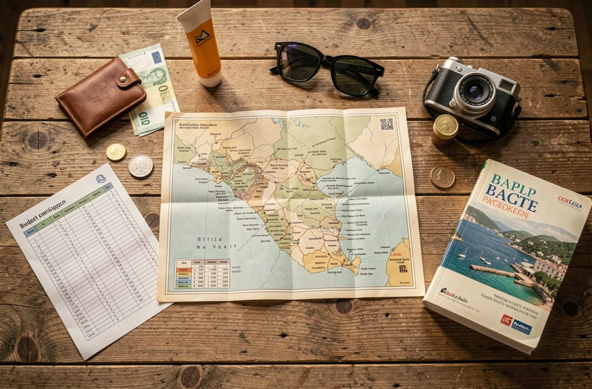 Flat lay de planification d'une croisière en Grèce avec carte, budget, passeport et accessoires de voyage