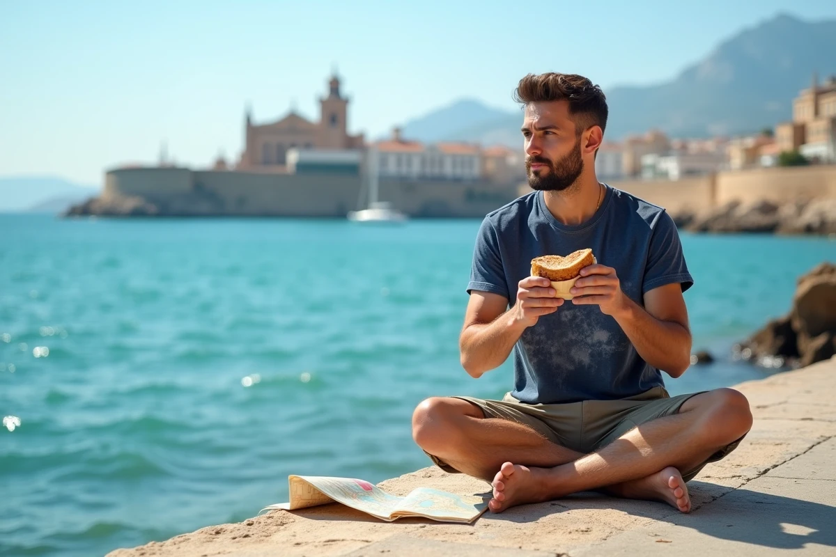 Voyageur déjeunant avec un sandwich économique sur le front de mer de Palma avec vue sur la cathédrale de Majorque