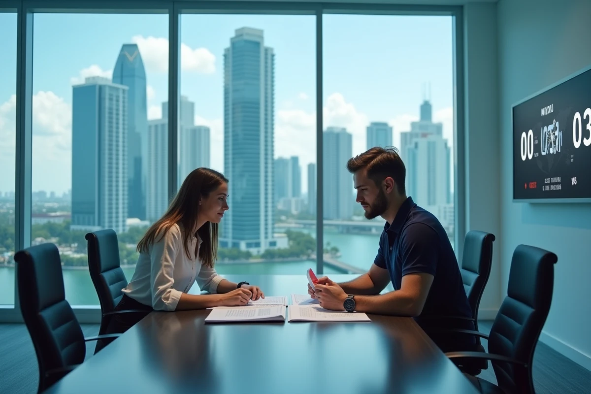 Deux professionnels en réunion dans un bureau de Miami avec un affichage des fuseaux horaires mondiaux au mur, illustration du changement d'heure locale en 2026