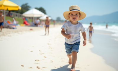 Garçon de trois ans courant sur la plage ensoleillee