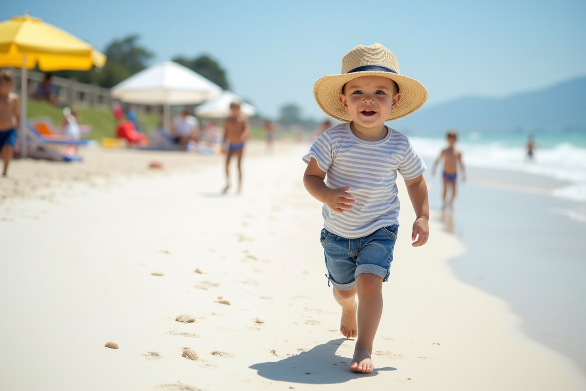 Garçon de trois ans courant sur la plage ensoleillee