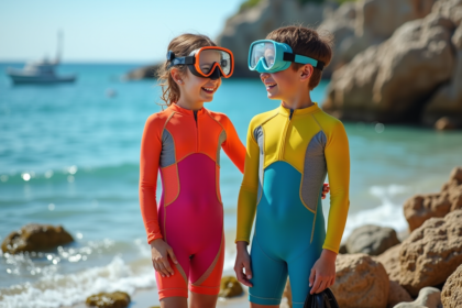 Enfants en combinaison de plongée au bord de la côte rocheuse