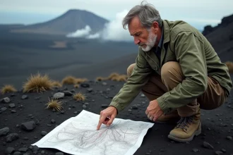 Géologue étudiant une carte topographique des volcans sur les pentes de l'Etna en Sicile