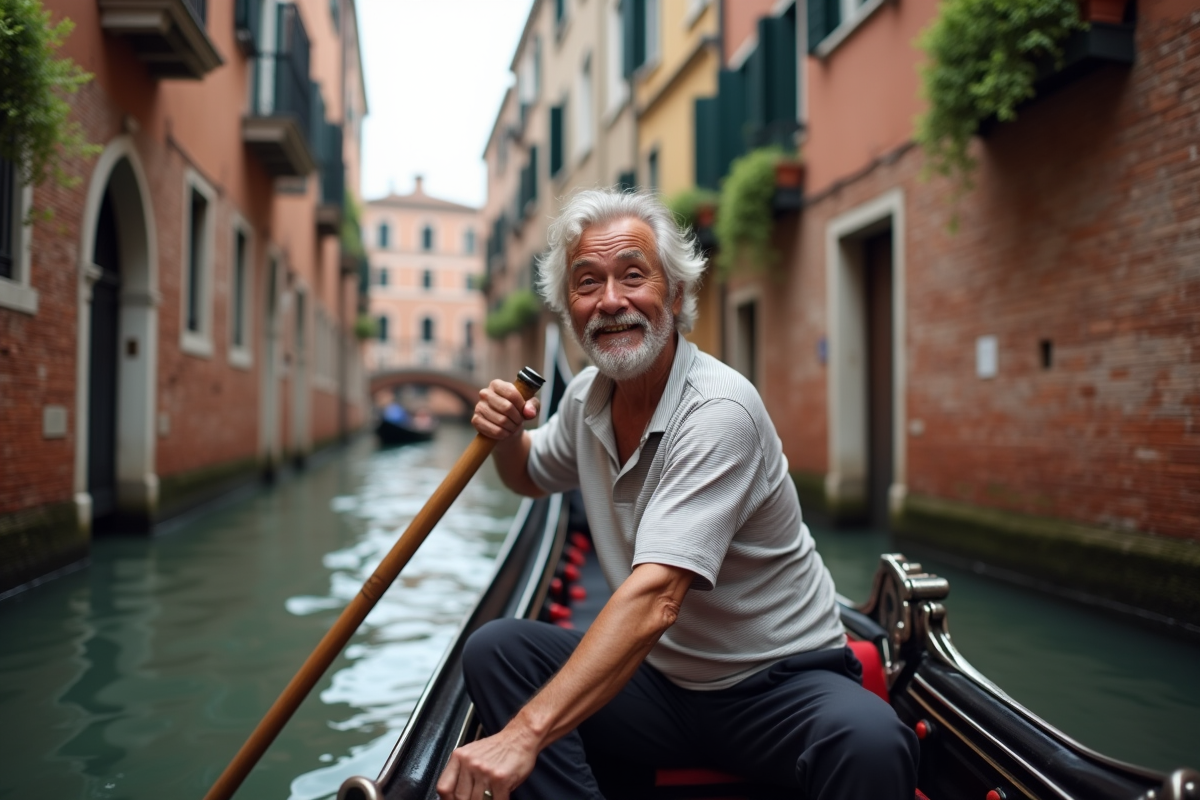 Gondolier âgé naviguant dans un canal de Venise