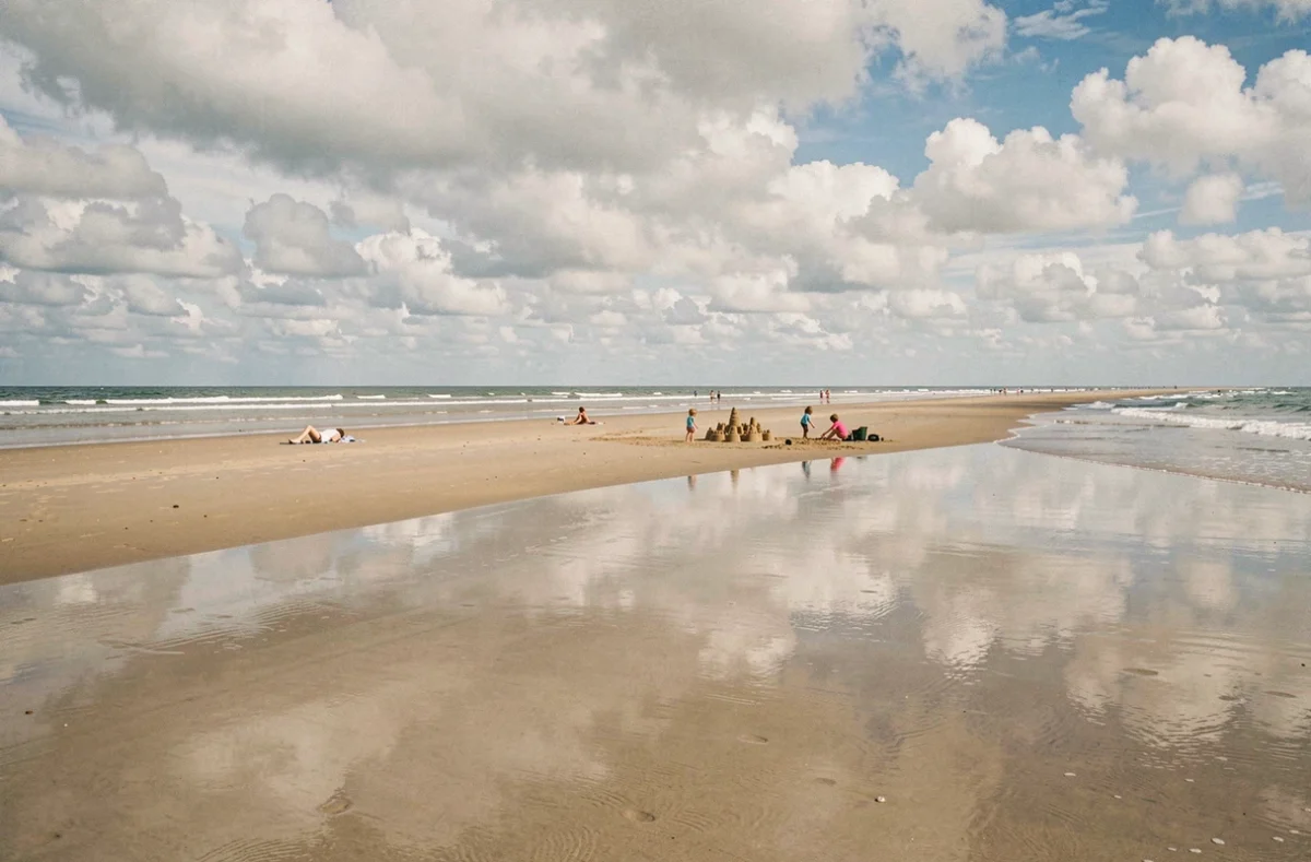 La Grande Plage de Carnac avec son immense étendue de sable fin à marée basse sous un ciel breton