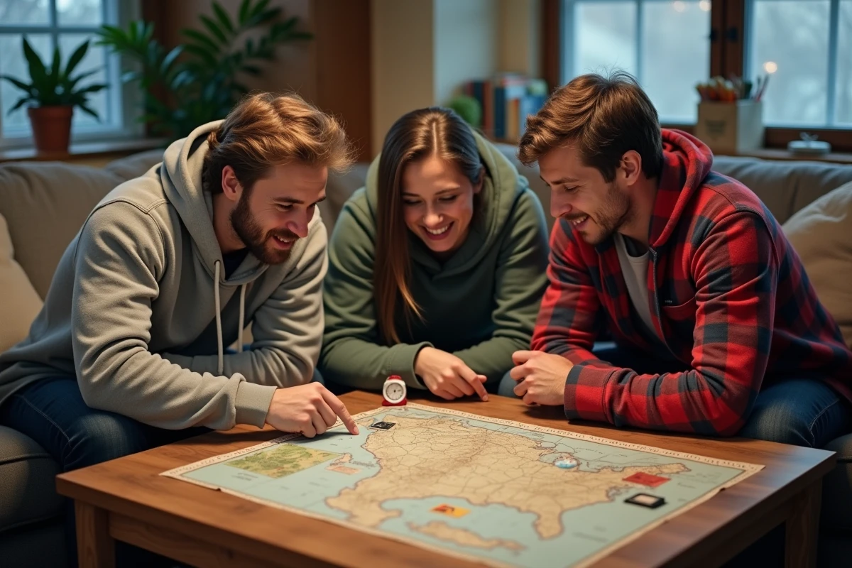 Groupe d'amis autour d'une carte cherchant des pays et villes commençant par X lors d'une soirée jeu