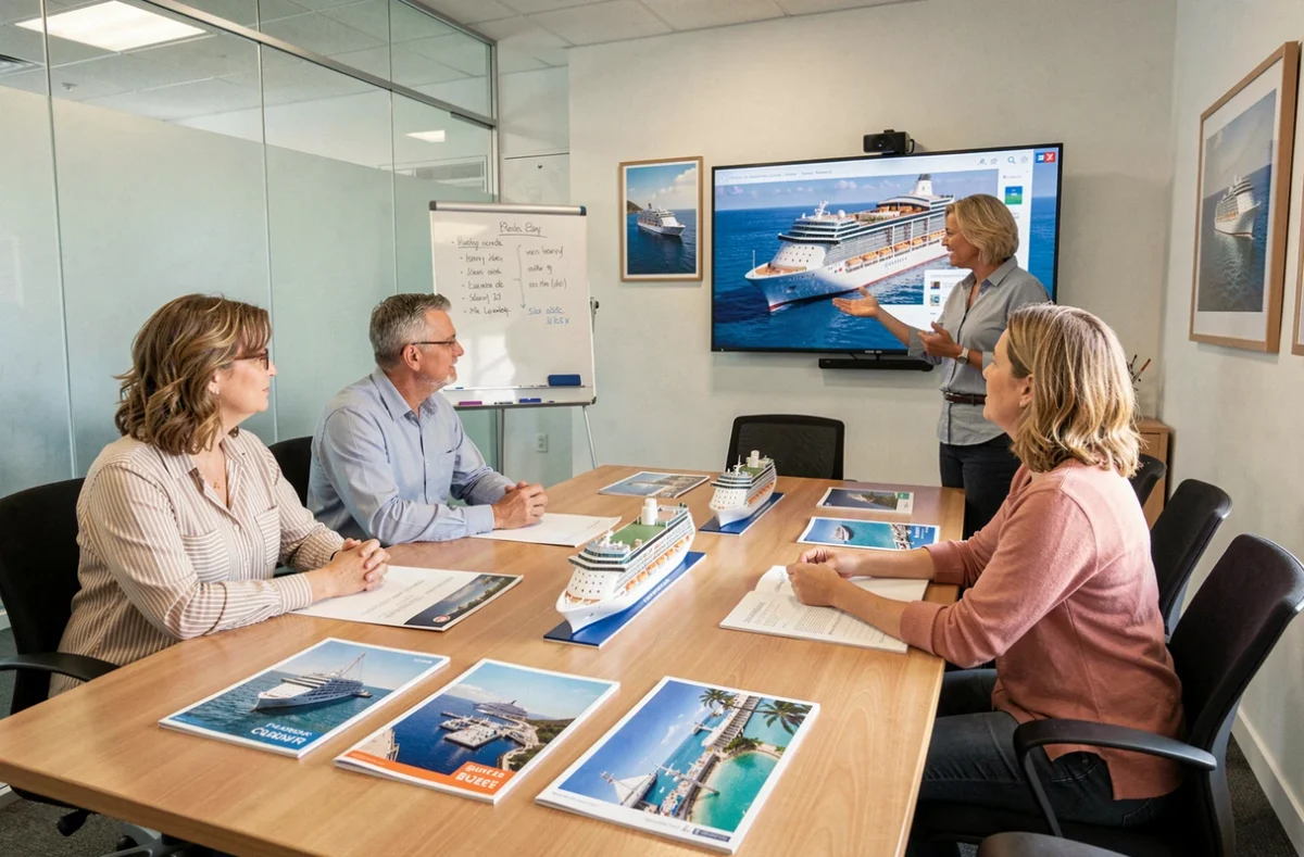 Groupe de clients écoutant un expert croisière en salle de réunion d'une agence de voyage avec brochures et carte d'itinéraires