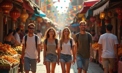 Groupe de touristes explorant un marché à Bangkok