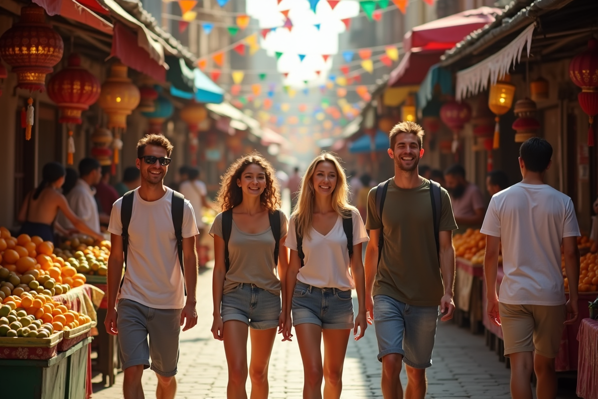 Groupe de touristes explorant un marché à Bangkok