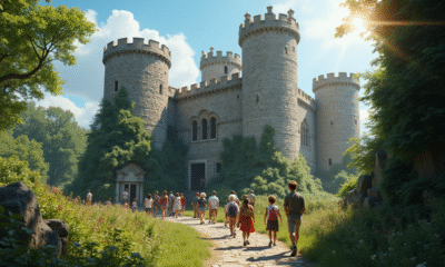 Groupe divers explorant un vieux château entouré de jardins