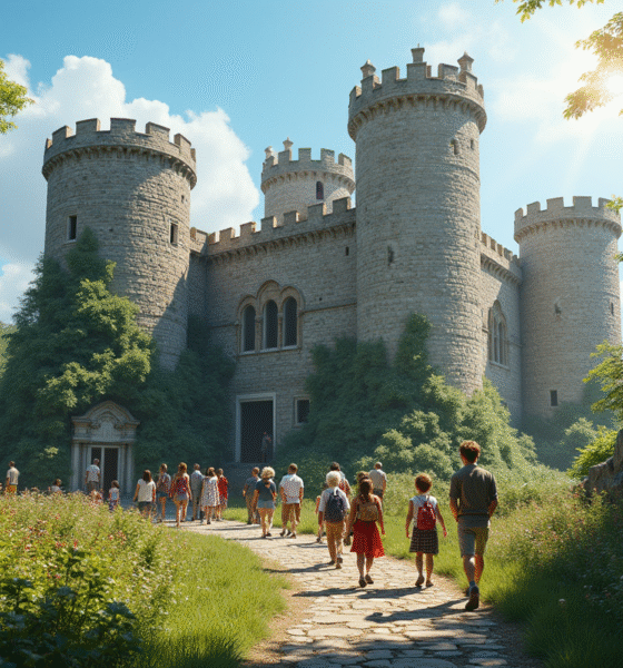 Groupe divers explorant un vieux château entouré de jardins