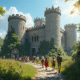 Groupe divers explorant un vieux château entouré de jardins