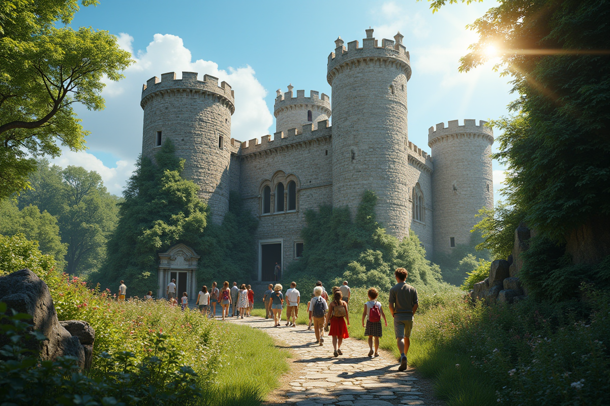 Groupe divers explorant un vieux château entouré de jardins