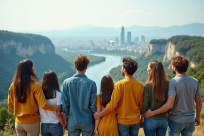 Groupe diversifié de voyageurs avec vue panoramique