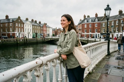 Femme souriante sur le Ha'penny Bridge à Dublin, architecture victorienne et rivière Liffey en arrière-plan, ambiance détendue de voyage urbain