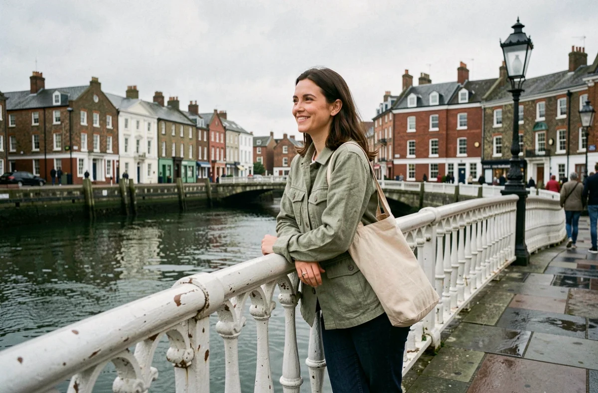 Femme souriante sur le Ha'penny Bridge à Dublin, architecture victorienne et rivière Liffey en arrière-plan, ambiance détendue de voyage urbain