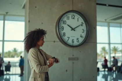 Femme consultant sa montre devant une grande horloge dans un aéroport de Miami, illustrant le décalage horaire et l'heure locale en 2026