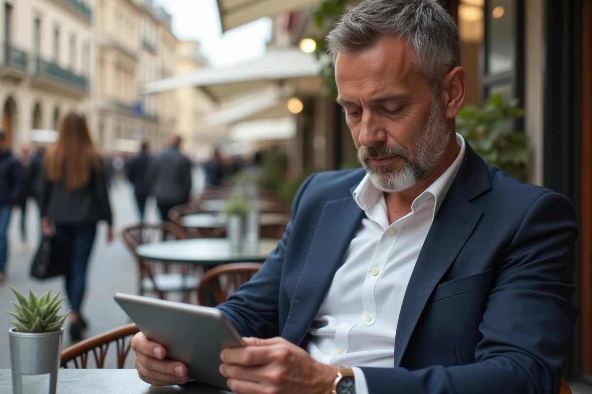 Homme en terrasse de café activant une carte SIM digitale