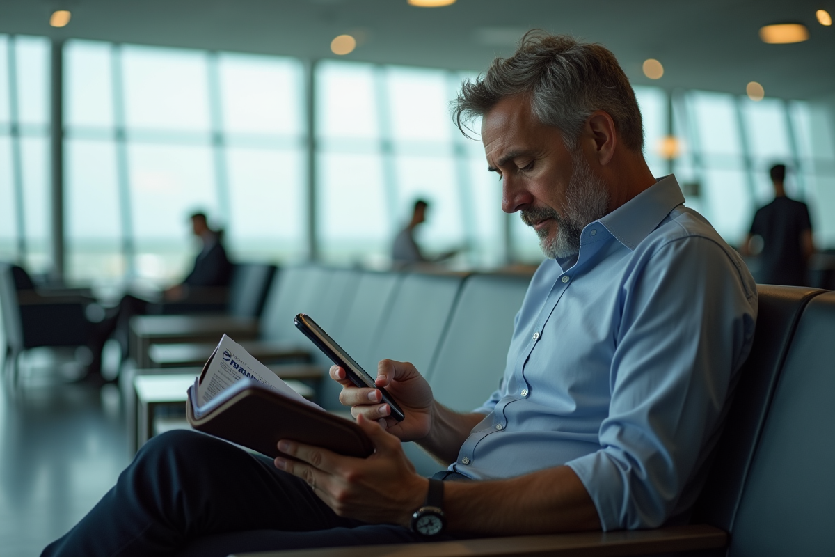 Homme d affaires avec billet Ryanair dans un aéroport