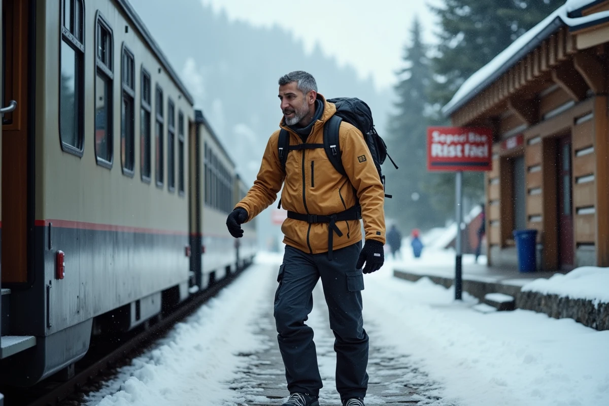 Homme descendant d'un train régional dans une station de montagne enneigée proche de Paris en tenue de ski