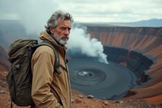 Homme en trek au bord d'un cratere volcanique dangereux