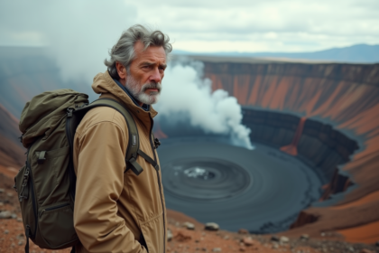 Homme en trek au bord d'un cratere volcanique dangereux