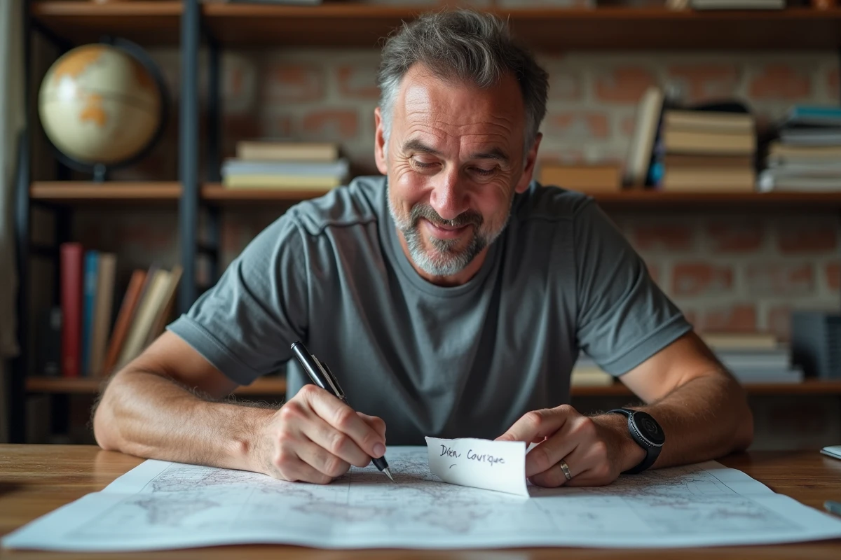 Homme consultant un atlas et une liste manuscrite pour trouver des noms de villes en X au jeu