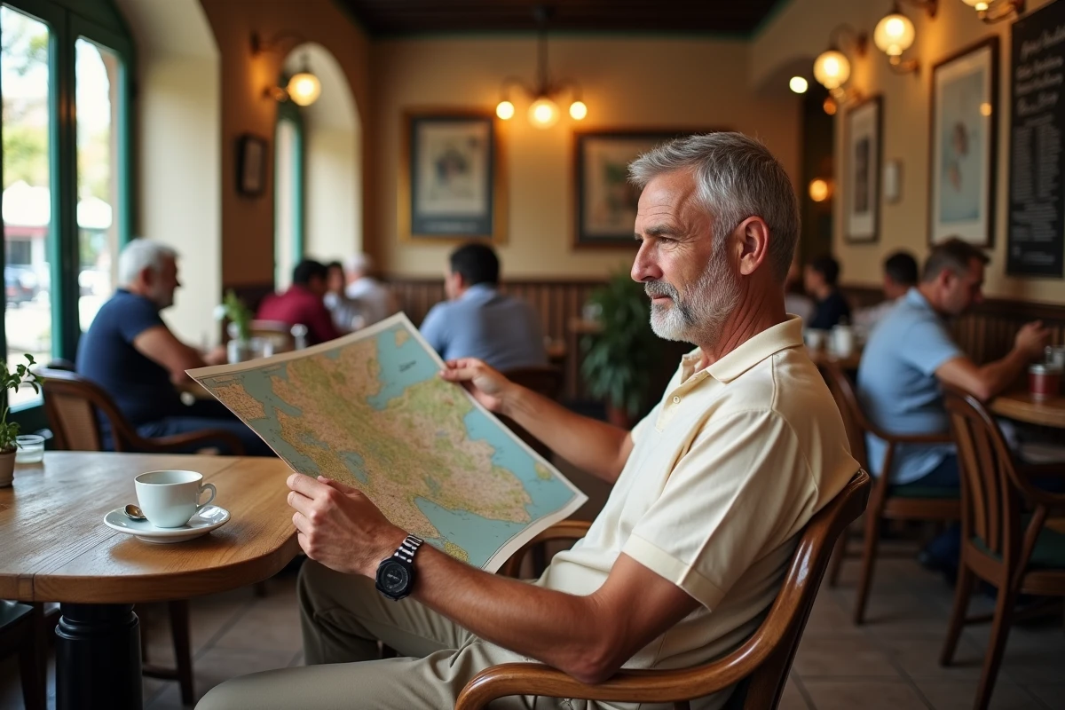 Homme au café méditerranéen avec carte et ambiance chaleureuse