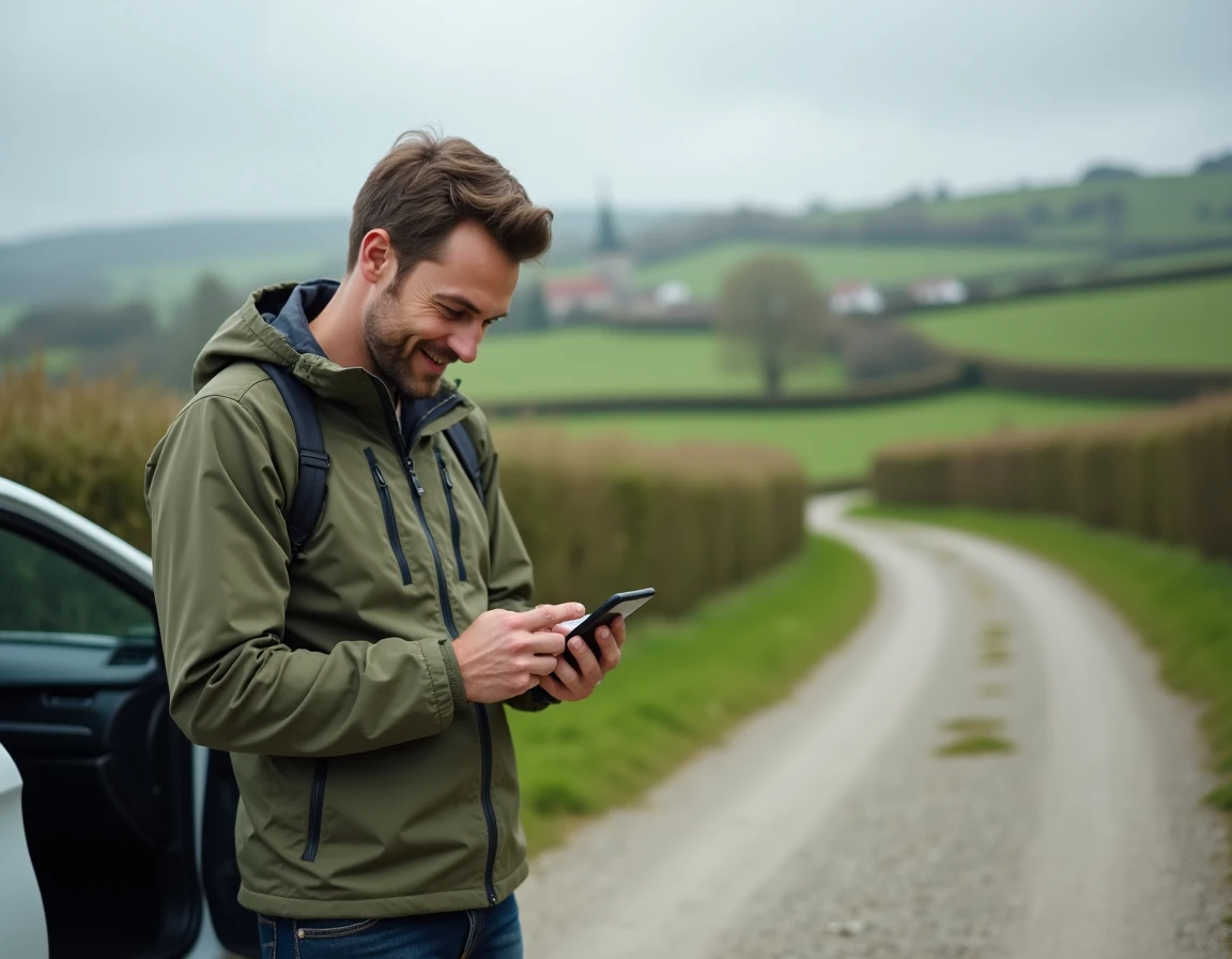 Homme consultant une carte hors ligne de Normandie sur smartphone lors d'un arrêt en voiture dans la campagne normande