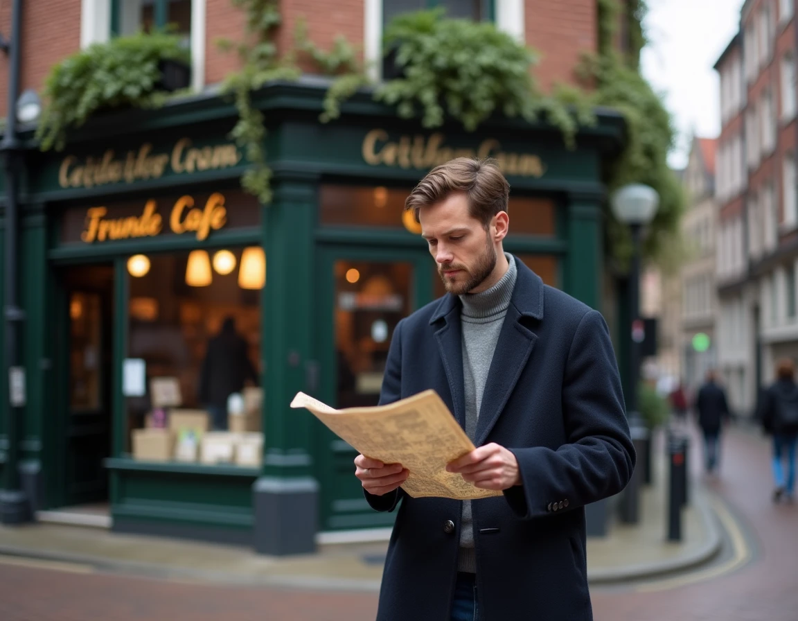 Homme consultant une carte dans le quartier Jordaan d'Amsterdam devant une façade de café traditionnel néerlandais