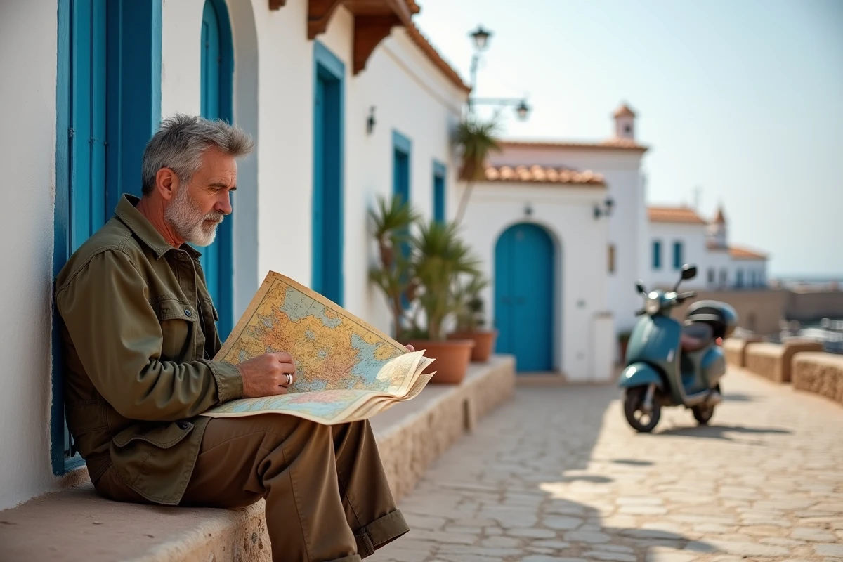 Homme consultant une carte routière assis sur un muret dans un village côtier du nord du Maroc