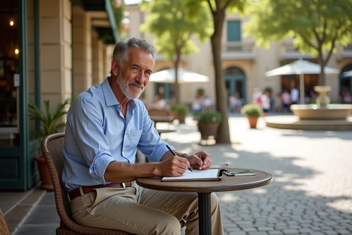 Homme dessinant dans un café en Provence avec place pavée