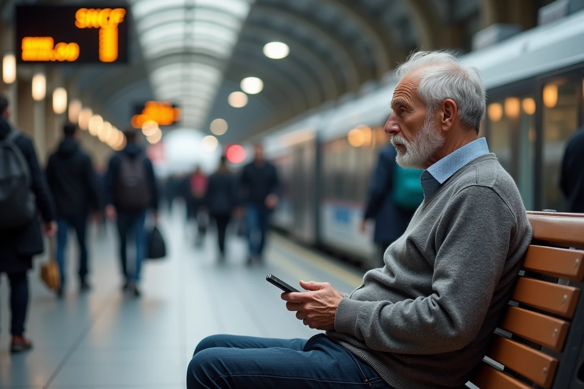 Homme âgé attendant à la gare avec panneau SNCF