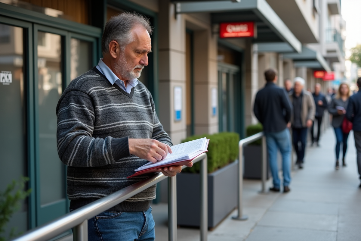 Homme d age en file d attente a la poste en plein air
