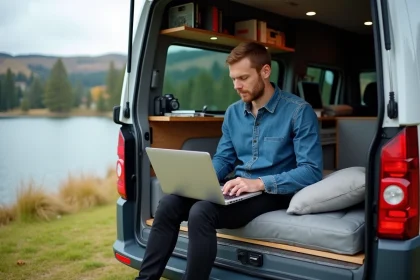 Homme travaillant sur son ordinateur dans une van aménagée