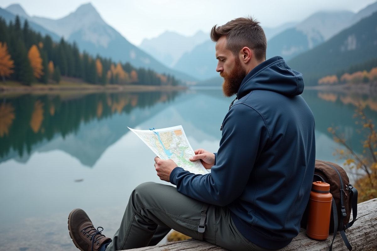 Homme regardant une carte au bord d’un lac de montagne