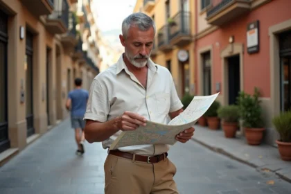 Homme espagnol regardant une carte à Malaga