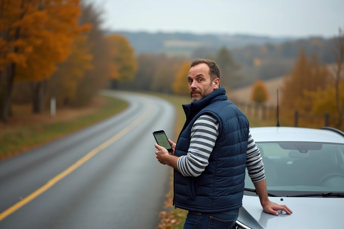 Homme consultant Mappy itinéraire sur smartphone lors d'une pause en bord de route en France à l'automne
