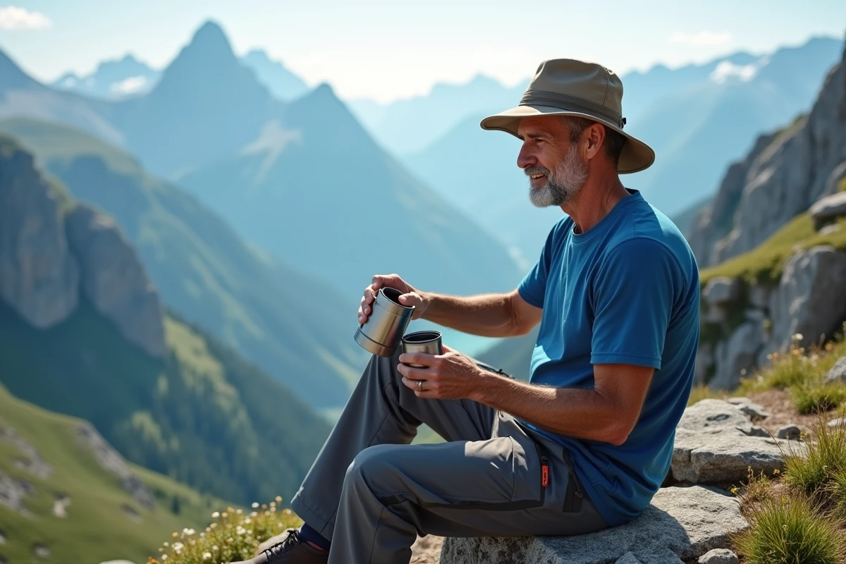 Homme âgé dégustant une infusion en montagne au thermos